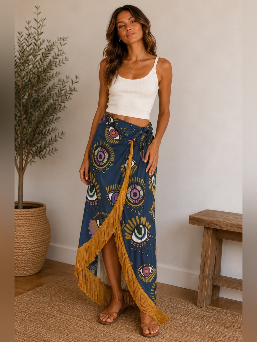 Bululu Wrap Maxi Skirt Womens Large Blue Evil Eye Fringe Trim Resort Wear NWT - Picture 1 of 7